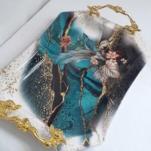 Decorative Tray with Floral and Abstract Print Gold‎ Colored Handles Plastic